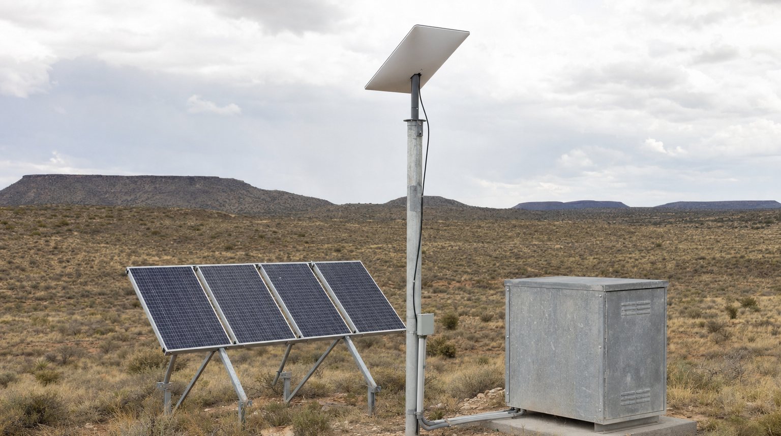 A remote off-grid site: a flat satellite internet terminal on a pole mount, a four-panel ground-mounted solar array, and a galvanised equipment enclosure on a concrete pad.