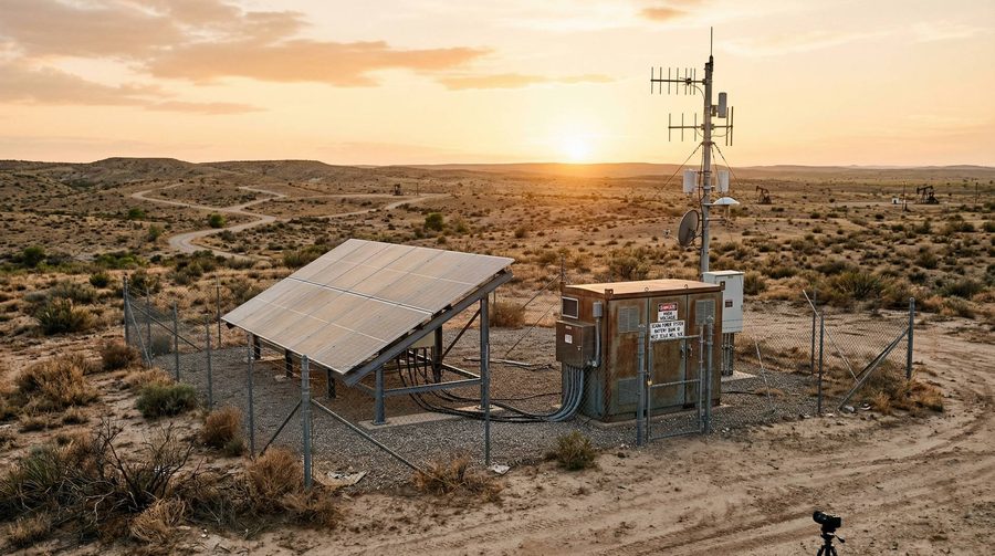 Fenced wellsite at sunset with a solar array, equipment cabinet and communications mast