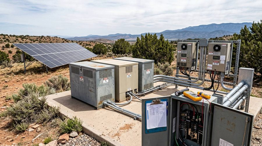 Remote control enclosures and charge controllers on a concrete pad beside a solar array