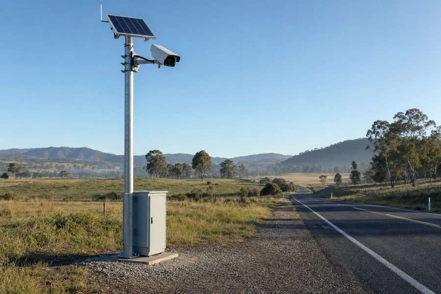 Roadside camera and solar panel on a steel pole above a control cabinet beside a rural highway