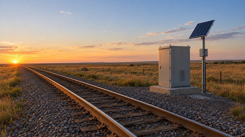 Illustration: a solar-powered equipment cabinet beside a remote railroad track at sunset