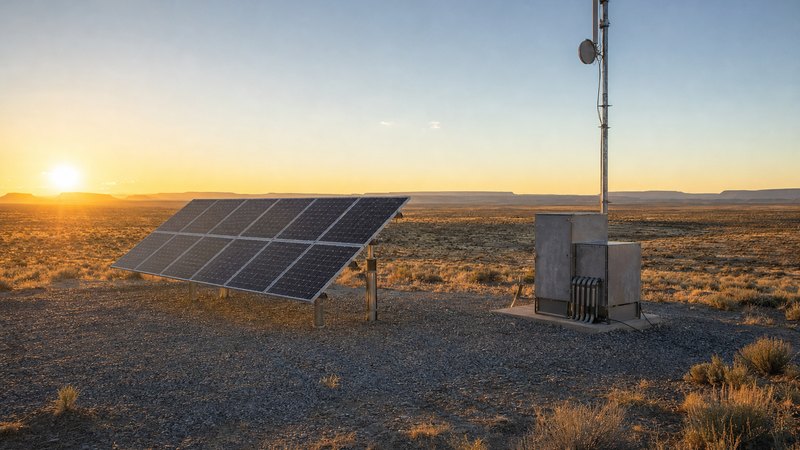 Illustration: a solar array, battery enclosure and antenna mast at an unmanned desert site at sunset